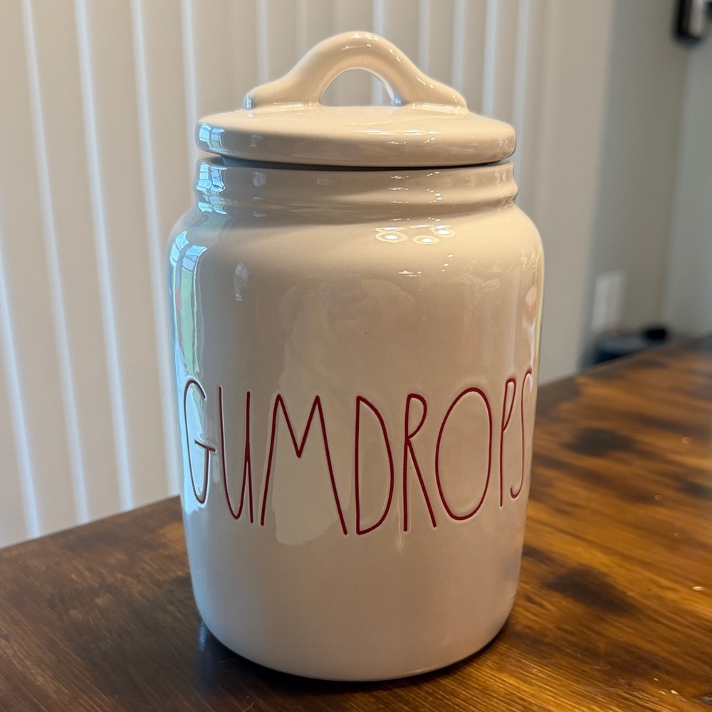 Gumdrops Rae Dunn canister red writing